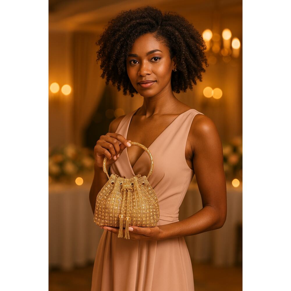 Sparkling Champagne Gold Rhinestone Bucket Evening Purse Top Handle Glam Party